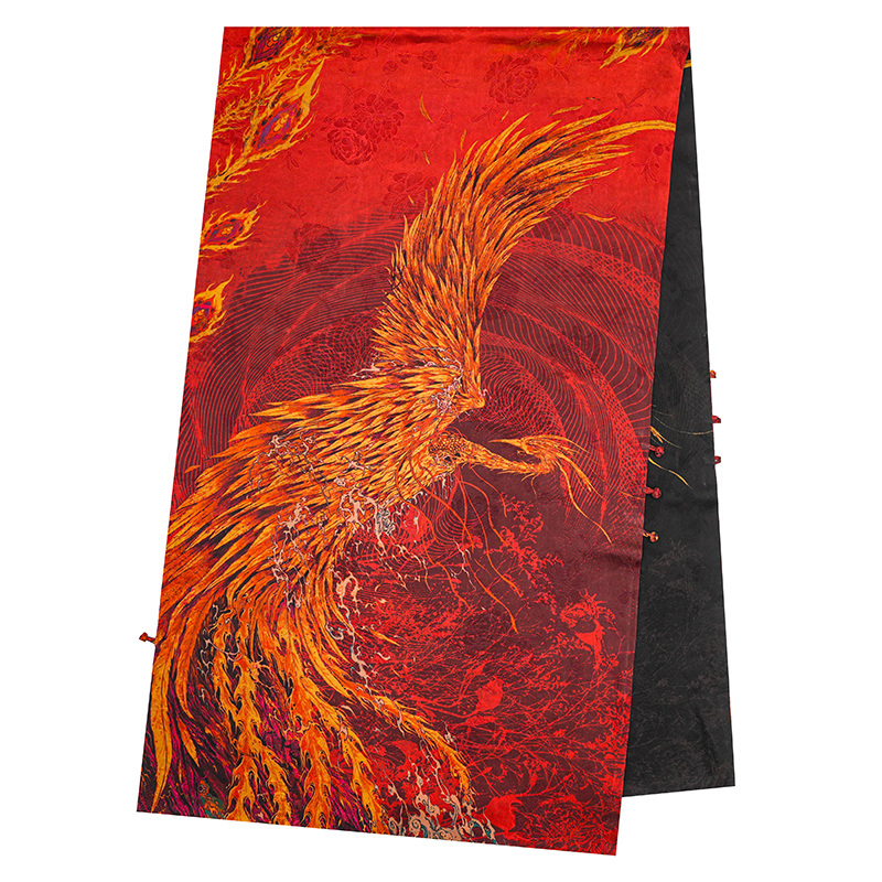 老料【火凤凰】双面盘扣长巾香云纱围巾真丝桑蚕丝披肩彩色中国风