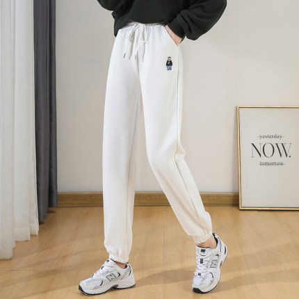 抽绳运动裤女春秋2026小熊刺绣白色卫裤高腰哈伦休闲宽松束脚长裤