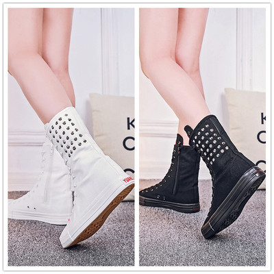 中筒前系带铆钉休闲风加棉帆布鞋