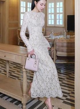 泰国潮牌泰星同款 长袖显瘦轻奢高级感白色性感蕾丝连衣裙女长裙