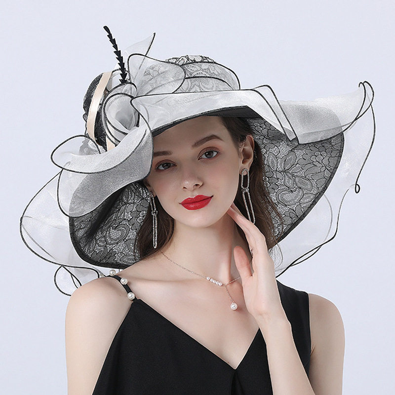 女士夏季时尚优雅大檐帽蕾丝卷边休闲遮阳帽欧美约会聚会气质礼帽