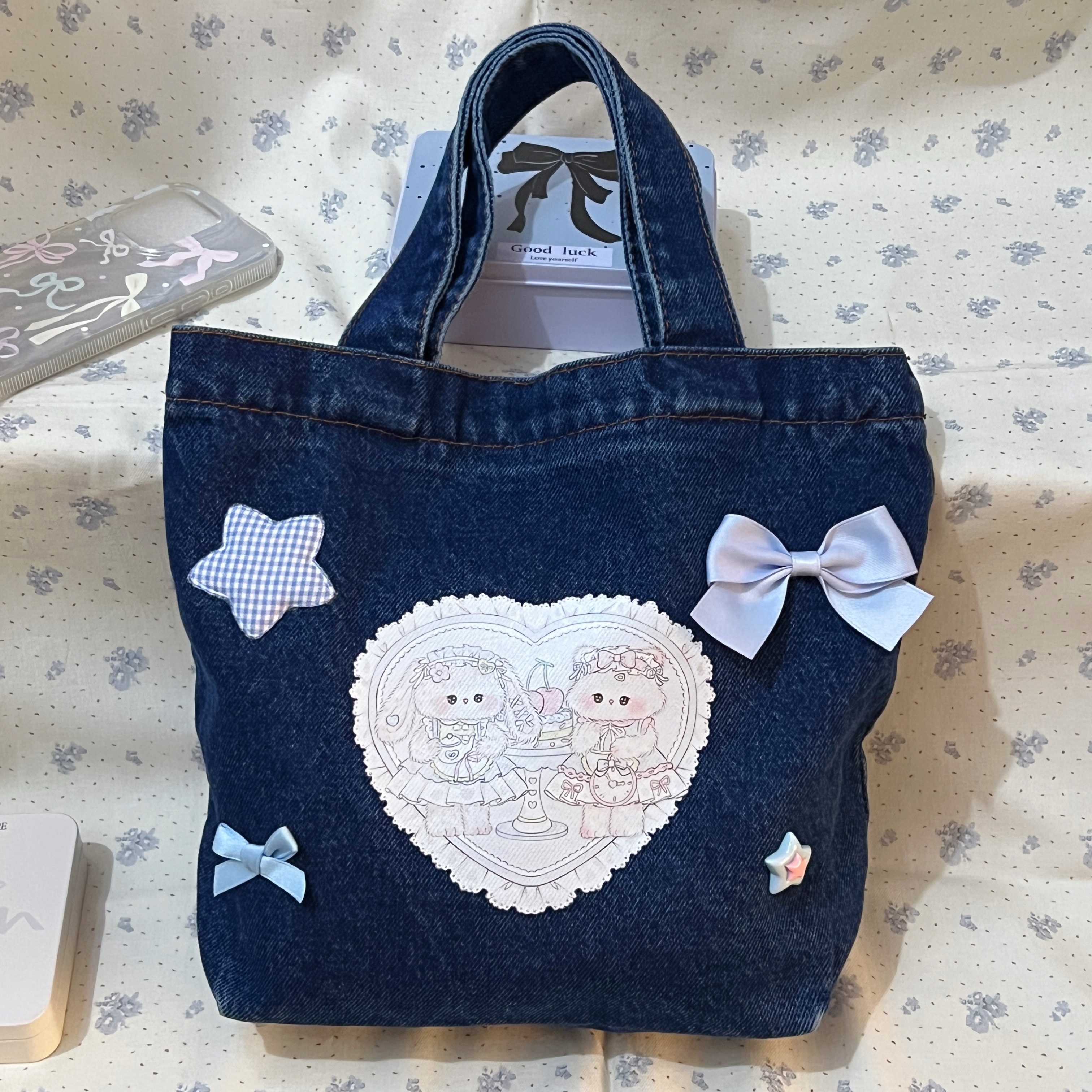 原创自制日系少女风蝴蝶结牛仔手拎包包百搭托特包学生手提袋女包