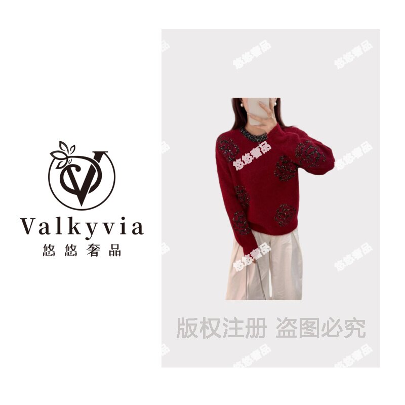 【Valkyvia/悠悠奢品】‘亮片山茶花’套头丨百搭针织衫上衣8221