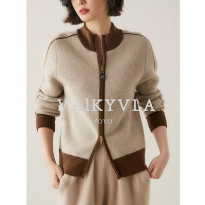 【Valkyvia/悠悠奢品】老钱风&驼咖撞色新款气质拉链针织毛衣1392