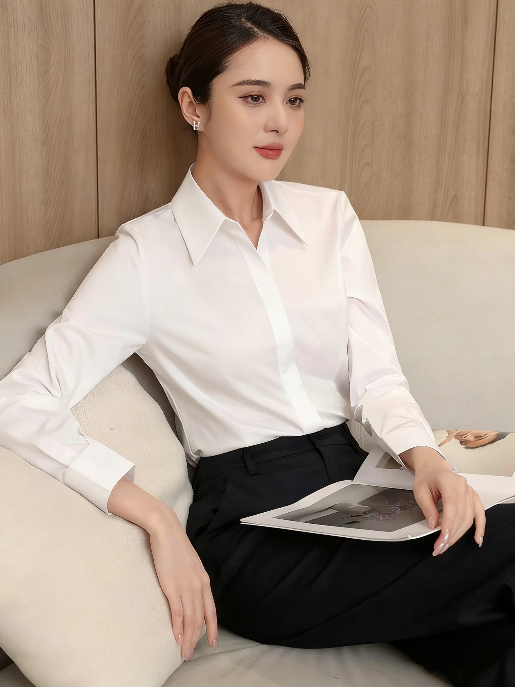 白色职业衬衫女长袖上衣高级面试工作服空乘制服翻领春秋新款衬衣