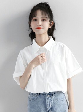2024夏季新款白色工装短袖衬衫女夏宽松韩版纯色上衣百搭休闲衬衣
