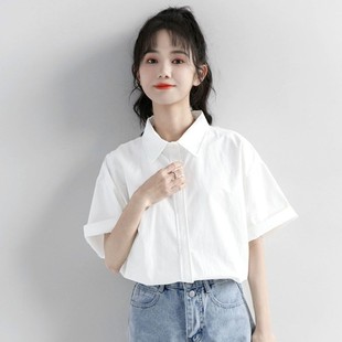 新款 女夏宽松韩版 白色工装 衬衫 纯色上衣百搭休闲衬衣 短袖 2024夏季