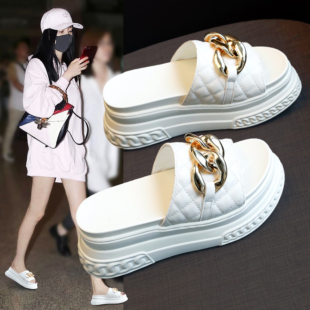 2025夏季新款时尚舒适真皮沙滩拖鞋女外穿松糕厚底增高气质风凉拖