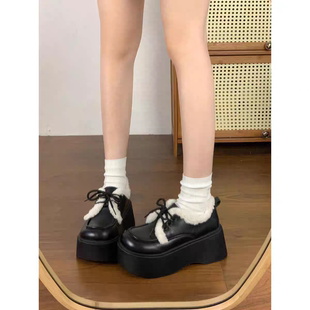 厚底系带加绒英伦风小皮鞋女2025冬季新款保暖增高圆头复古棉鞋子