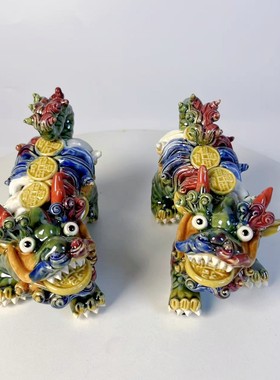 石湾陶瓷麒麟家居工艺品风水玄关招财店铺桌面门厅镇宅吉祥物1对