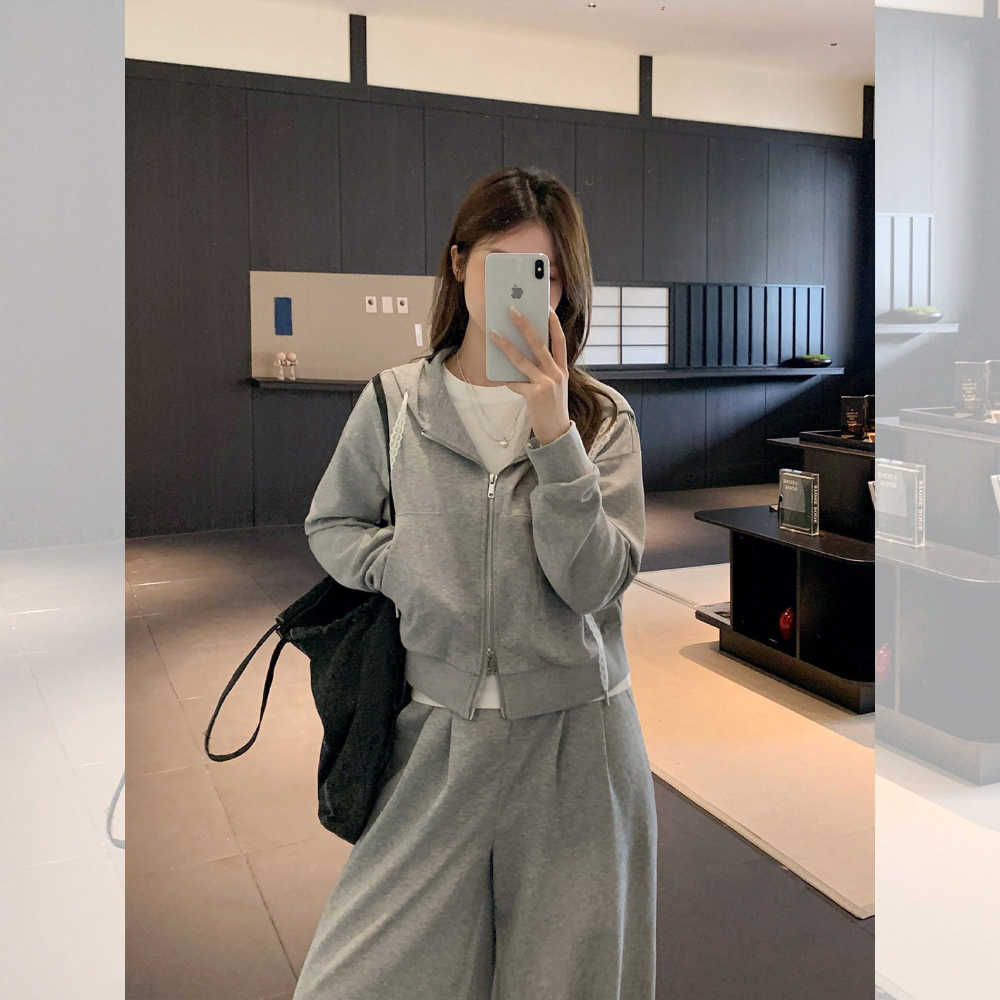 花灰色双拉链蕾丝连帽长袖卫衣外套女2025秋季宽松口袋慵懒风上衣