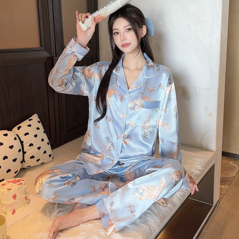 轻奢高级感小清新猫咪冰丝睡衣女春秋新款长袖秋天家居服套装