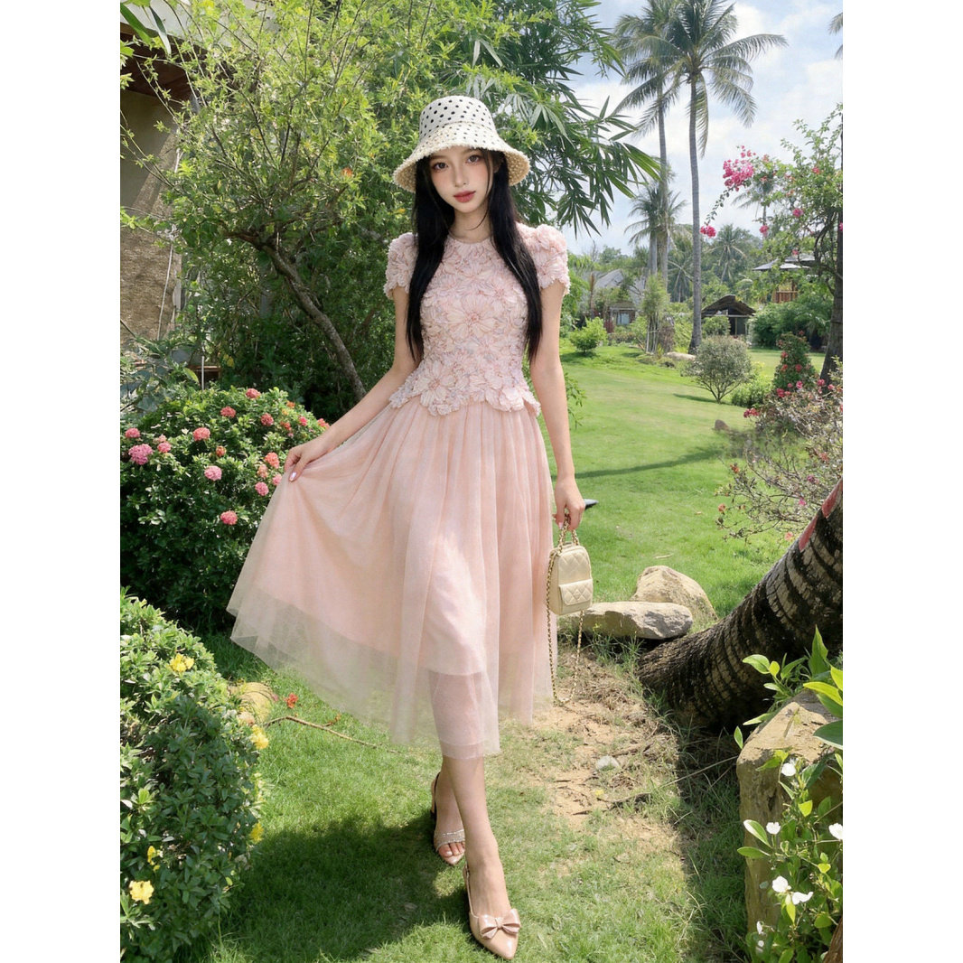 法式网纱连衣裙女士粉色花朵