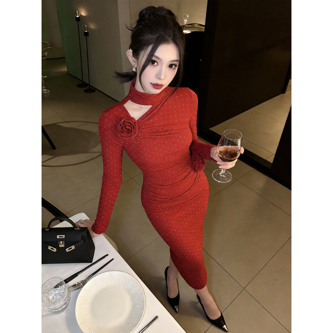 港风玫瑰花立体烫钻连衣裙