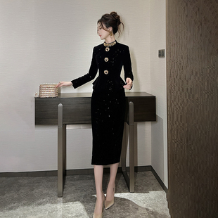 2025新款时尚镶钻连衣裙富家千金穿搭气质名媛修身显瘦裙子包臀裙