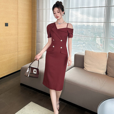 修身包臀中长款西装连衣裙