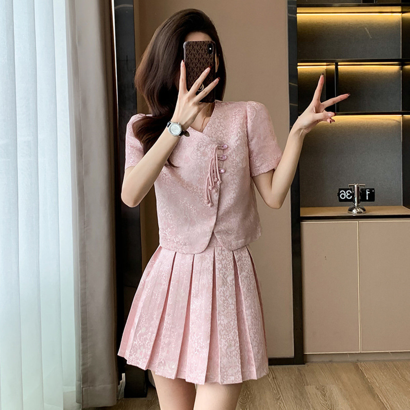 中式风格高腰显瘦套装女百褶裙