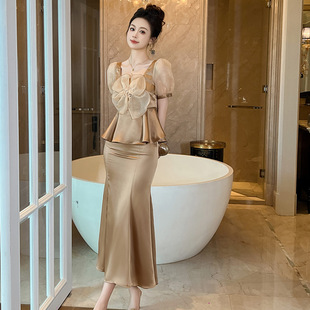 2025夏日新款气质长裙半身裙套装收腰蝴蝶结上衣御姐风穿搭一整套