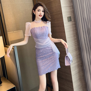 小个子蕾丝连衣裙女2026夏季新款高级感修身显身材提花包臀短裙子