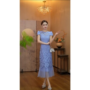 2026新款夏季气质灰蓝色蕾丝上衣优雅纱裙长裙女士显瘦时尚连衣裙