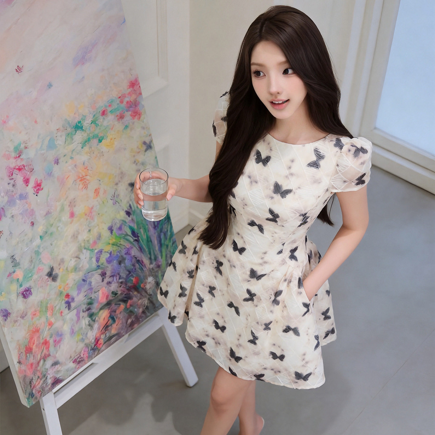 气质收腰大摆连衣裙带口袋温柔女