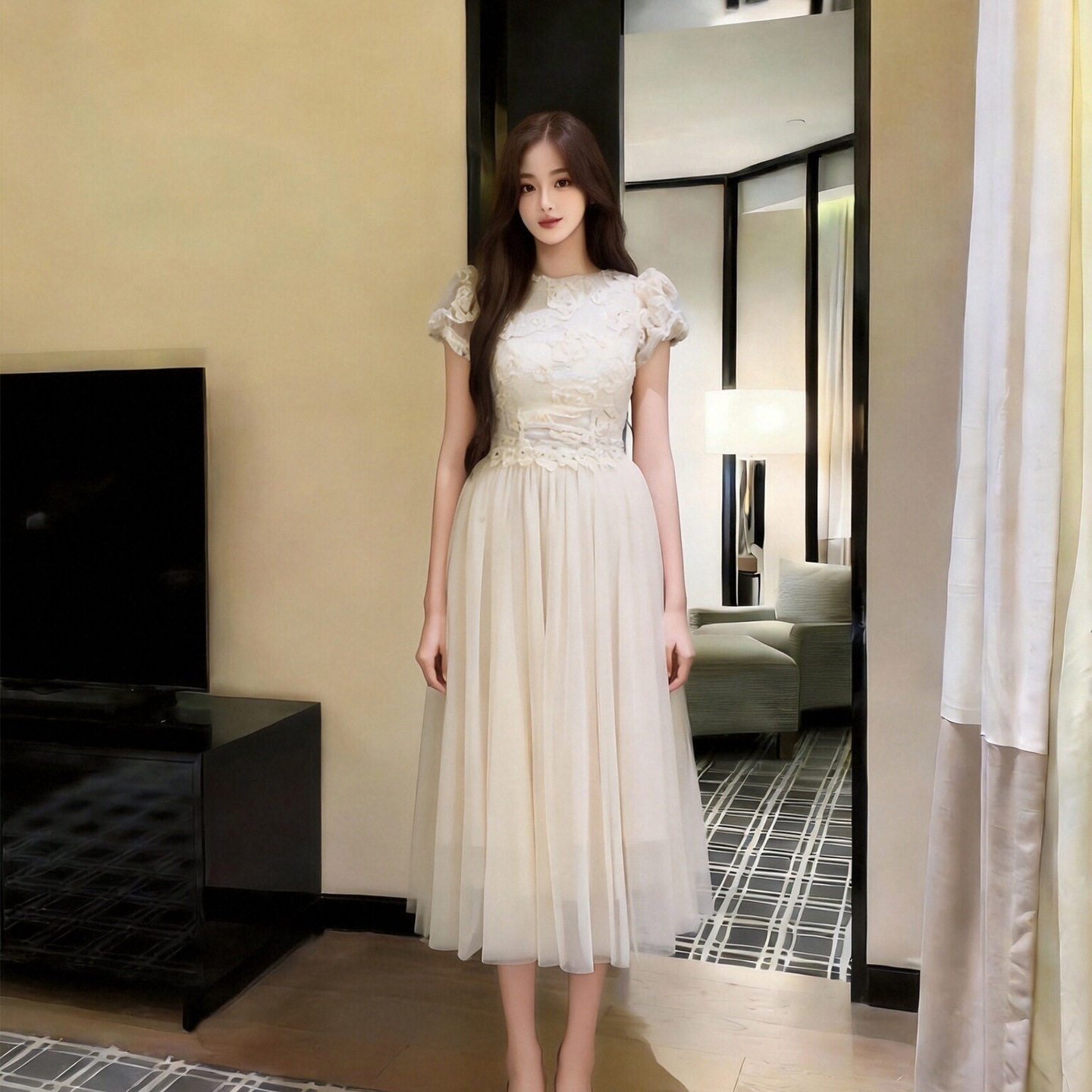 连衣裙网纱大摆中长裙显瘦女