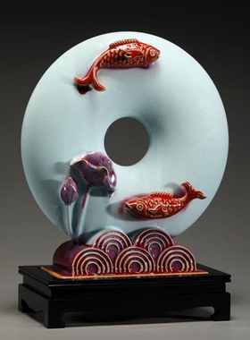 钧瓷年年有余风水摆件新中式家居客厅玄关招财装饰品乔迁开业礼品