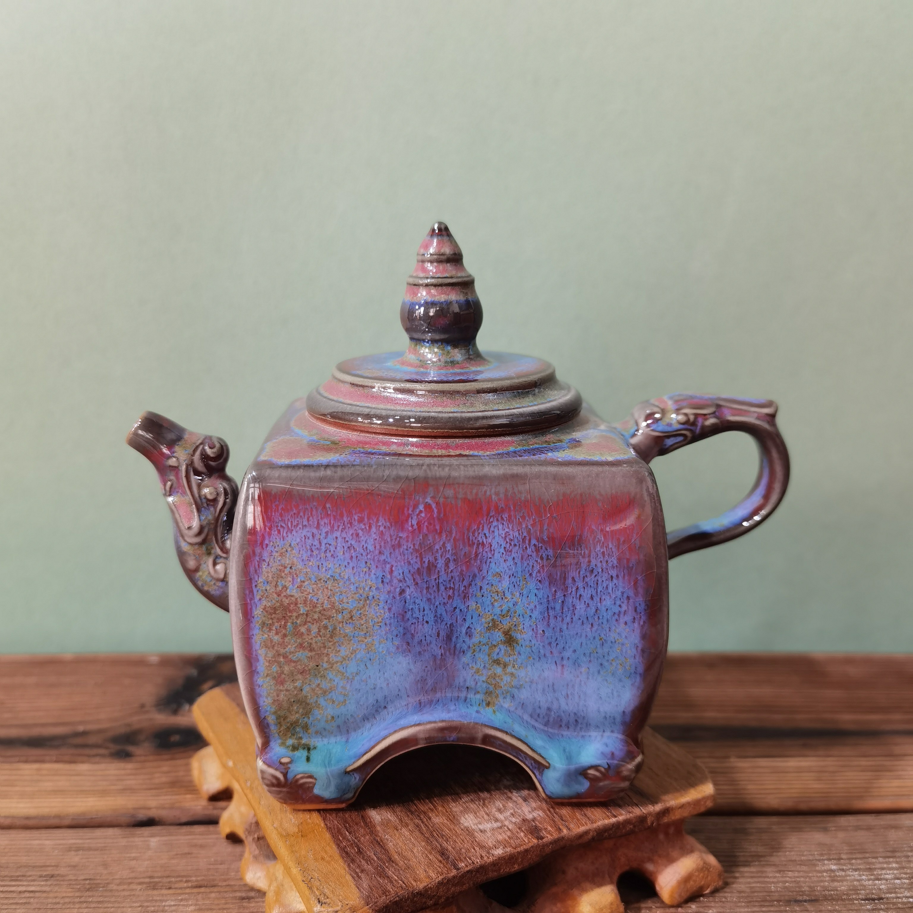 钧瓷原矿窑变釉泡茶壶中式复古四方壶炉钧釉高颜值钧窑茶壶单壶