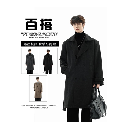 YC秋季男士风衣中长款过膝宽松韩系帅气潮流大衣披风长款外套