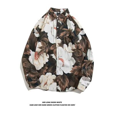 港味vine复古潮流油画花卉长袖衬衫男宽松巴古着痞帅衬衣