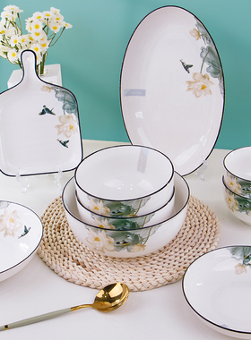 优尊陶瓷碗中式荷天下餐具无铅普通家用碗国风精致漂亮荷花图案碗