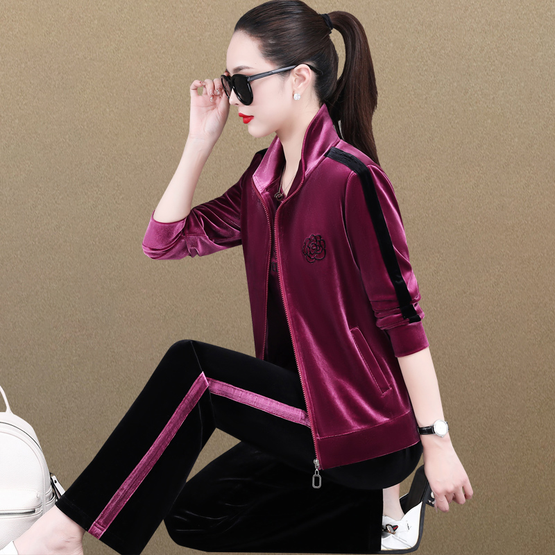 洋气立领金丝绒运动服套装女春秋季2025新款卫衣百搭休闲服三件套