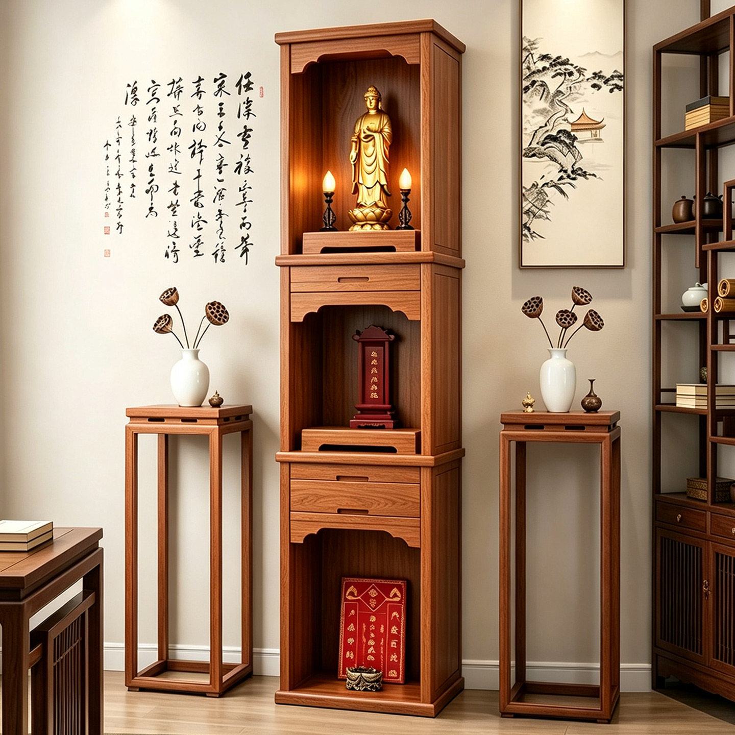 新中式实木三层佛龛立柜观音财神佛台神台神龛祖先地主爷供台立龛