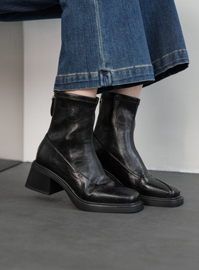 Fermina 方头弹力瘦瘦靴女静音低短靴粗跟简约舒适通勤高跟女靴冬