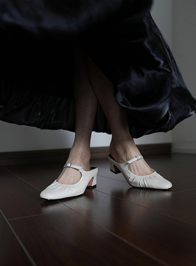 Fermina度假风包头拖鞋女夏外穿白色粗跟半拖银色凉拖新款懒人拖