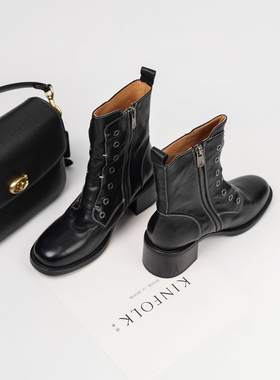 Fermina 小众设计感马丁靴女中跟机车靴酷侧拉链黑色通勤女靴帅气