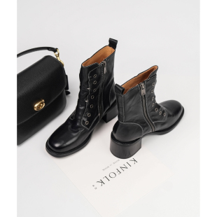小众设计感马丁靴女中跟机车靴酷侧拉链黑色通勤女靴帅气 Fermina