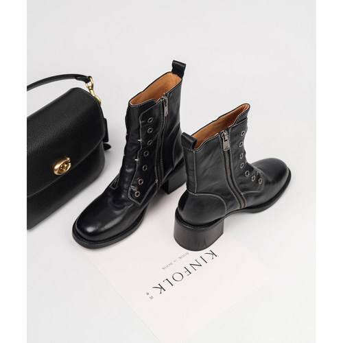 Fermina 小众设计感马丁靴女中跟机车靴酷侧拉链黑色通勤女靴帅气