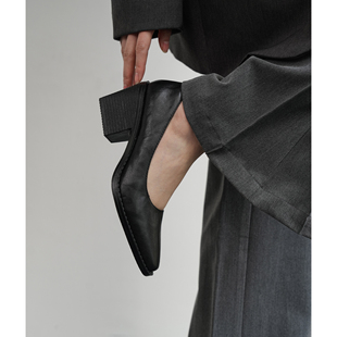 Fermina 小方头浅口单鞋女粗跟中跟鞋黑色通勤静音底体制内上班鞋