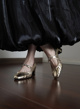 Fermina小圆头浅口玛丽珍鞋女粗跟中跟单鞋金色简约银色四季鞋春