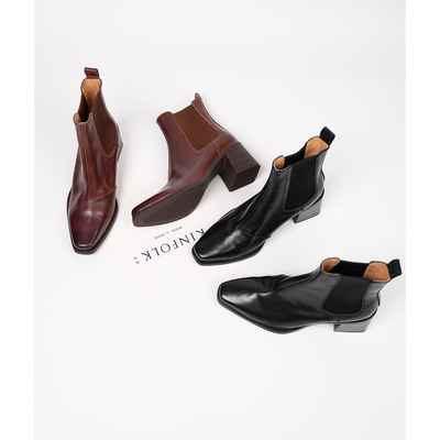 Fermina 方头静音跟短靴女粗跟高跟靴2025秋新款简约通勤牛皮女靴