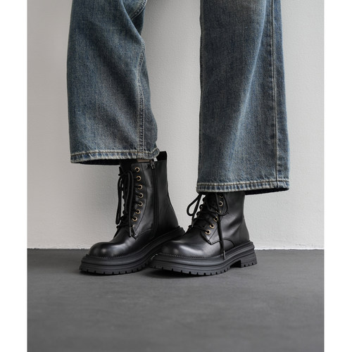 Fermina 全牛皮系带马丁靴女小个子厚底增高机车短靴百搭女鞋黑色