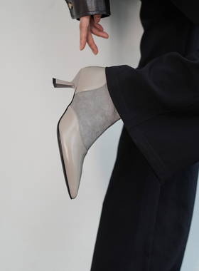 Fermina 尖头拼接弹力瘦瘦靴女细跟高跟短靴2025秋新款灰色女靴单