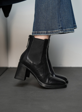 Fermina 牛皮高跟短靴女静音底通勤风女靴子黑色简约短筒靴体制内