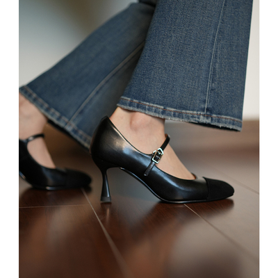 Fermina圆头拼接浅口单鞋女细跟高跟鞋轻复古简约百搭工作鞋通勤