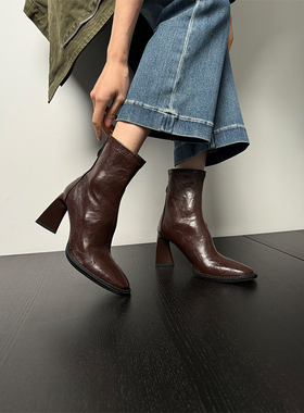 Fermina高跟弹力瘦瘦靴女粗跟简约时尚百搭气质通勤短靴新款女靴