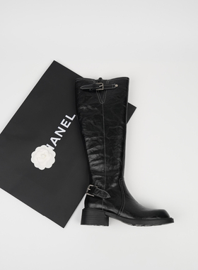 Fermina 不过膝骑士靴女粗跟长靴新款高筒女靴子黑色西部靴长筒靴