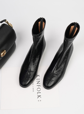 Fermina 2025秋新款弹力瘦瘦靴女低跟平底短靴显瘦黑色通勤女靴子