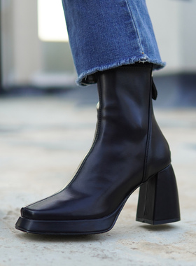 Fermina 方头粗跟短靴女秋冬百搭瘦瘦靴防水台后拉链弹力高跟靴