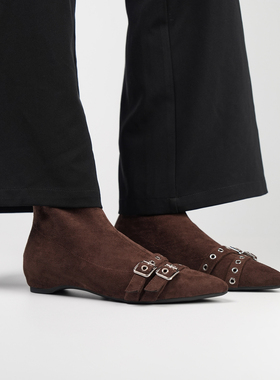 Fermina 尖头皮带扣弹力绒面瘦瘦靴女中跟女靴简约百搭通勤单靴秋